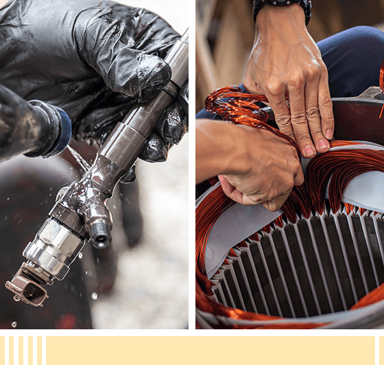 Hand of mechanics cleaning and repairing electrical components of car