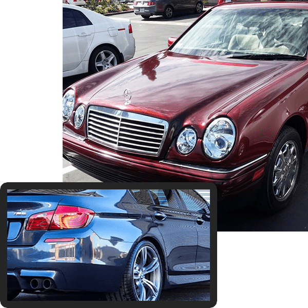 Blue and red vehicles showing front and back headlights and taillights