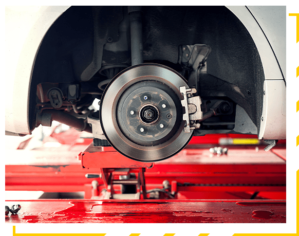 car brake part at garage,car brake disc without wheels closeup