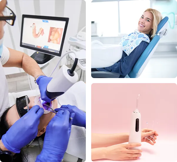 Dentist and his assistant scanning patient's teeth with modern scanning machine.