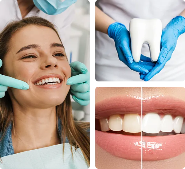 European young woman smiling while looking at mirror in dental clinic