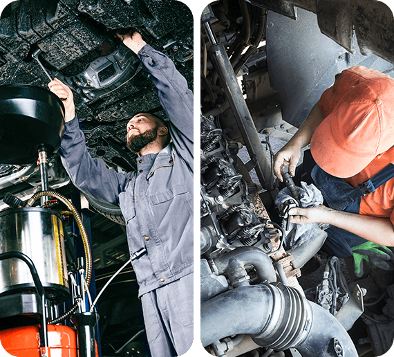 Two man split image working on truck