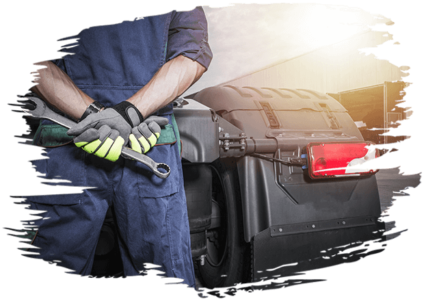 Broken Truck Problem. Semi Trucks Mechanic with Large Wrench Looking For Ideas How to Fix the Problem.