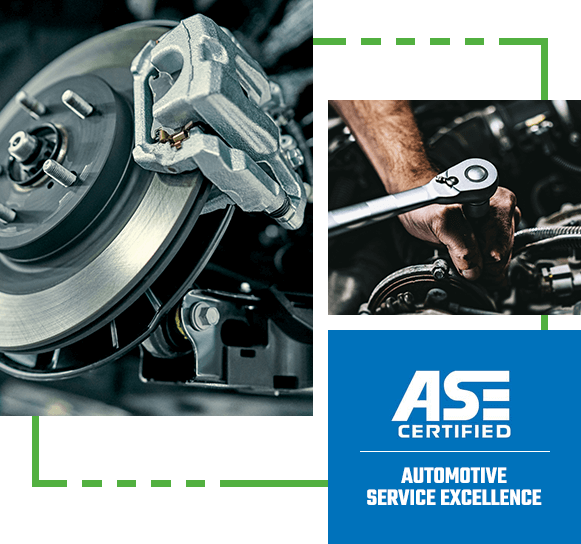 Car Brake, Hand of mechanic holding car tool, ASE Certified - Automotive Service Exellence Logo