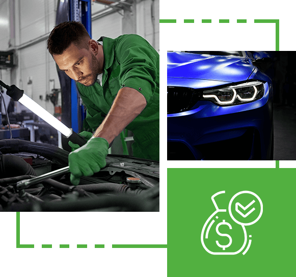 Mechanic diagnosing the car, Blue Car, Money bag with check icon