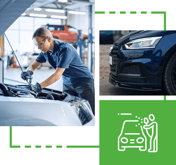 Woman mechanic repairing car front end, Car front end, car front end repair icon