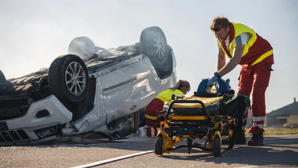 Paramedics and Firefighters Arrive On the Car Crash Traffic Accident Scene