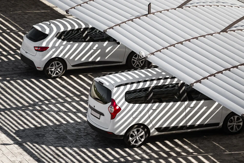 white clean cars on a parking lot in sunny summer day. the shadows from the canopy falling on vehicles