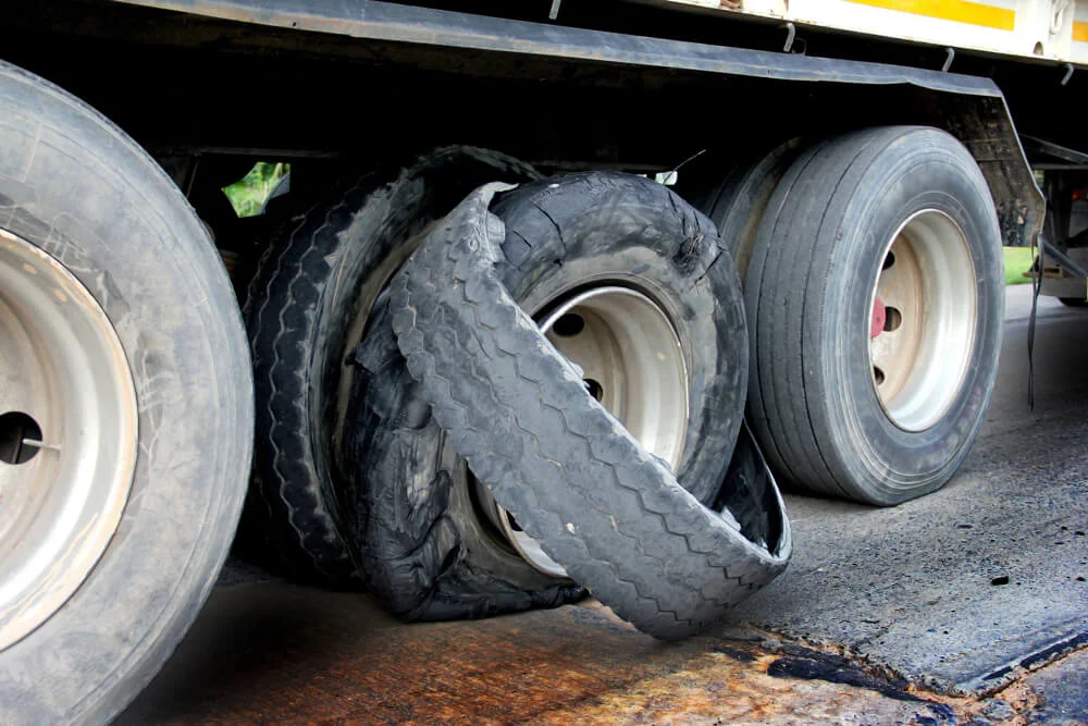Damaged truck tires.damaged 18 wheeler semi truck burst tires by highway street. damaged tire after tire explosion at high speed on highway