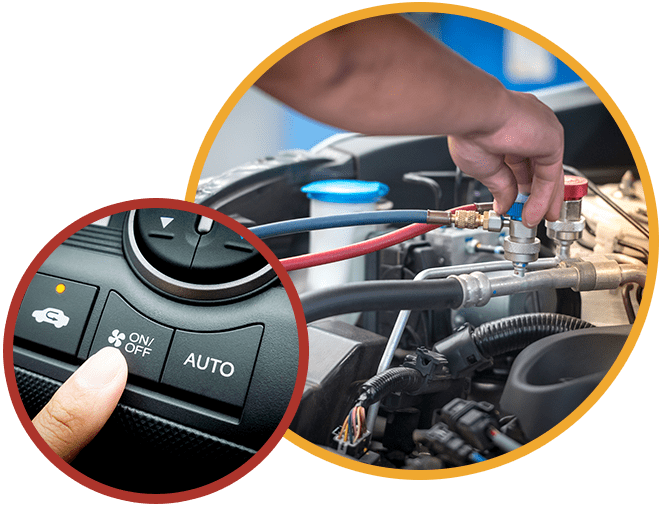 Finger pressing on Power button on off switch of a Car air conditioning and heating system To turn on the Fan of the A/C inside the Car