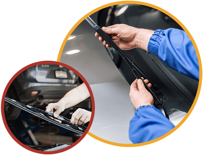 Man doing car wiper cleaning or changing maintenance, Technician is changing windscreen wipers on a car station.