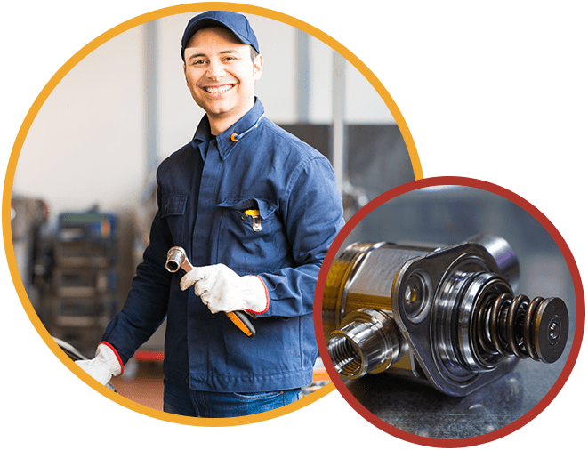 High pressure fuel pump of a modern car, Mechanic holding a wrench while fixing a car in his shop