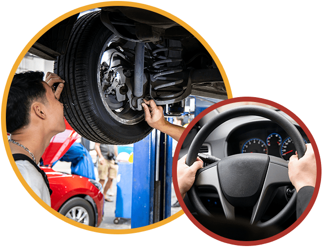 Close-up Of A Man Hands Holding Steering Wheel While Driving Car, Two mechanic was checking the car suspension