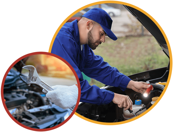 echnician holding wrench to repair car, Young mechanic with flashlight fixing car outdoors