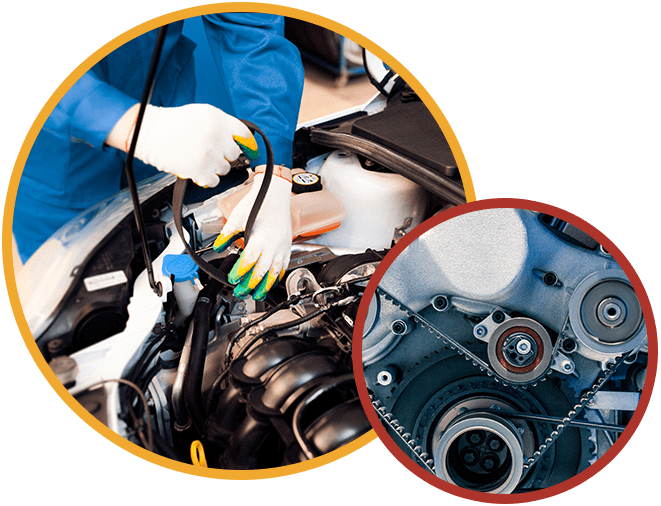 Close up shot of car engine, Car mechanic replacing timing belt at camshaft of modern engine