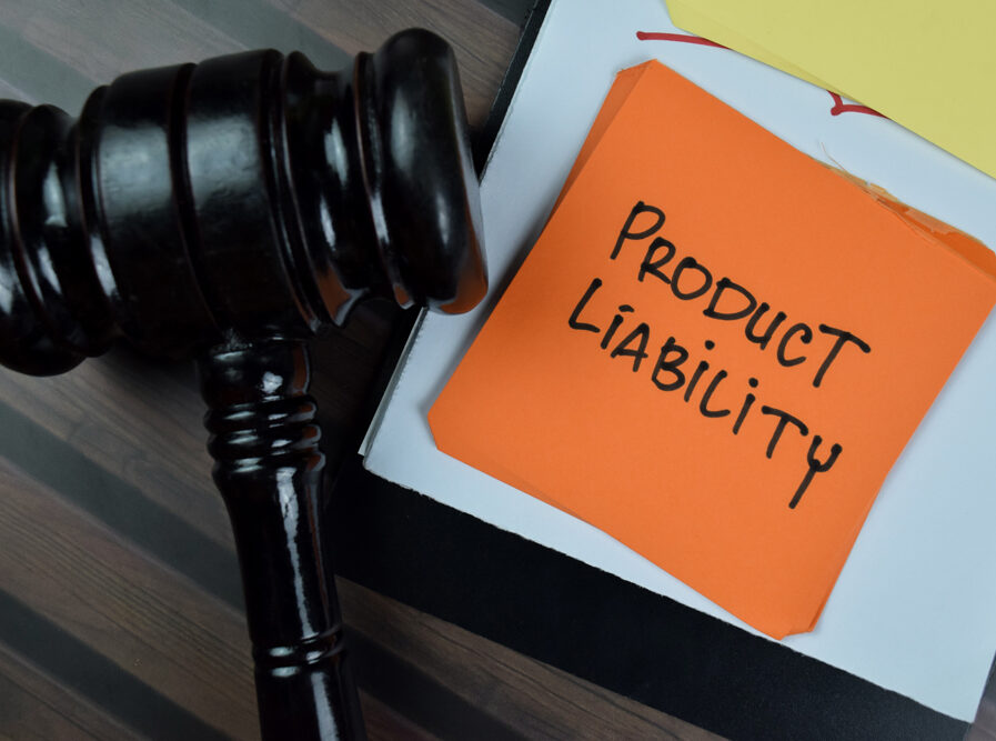 Concept of Product Liability write on sticky notes with gavel isolated on Wooden Table.