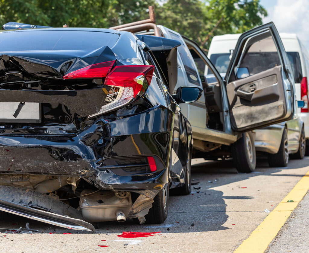 Heavy accident, Modern car accident involving many cars on the road in Thailand