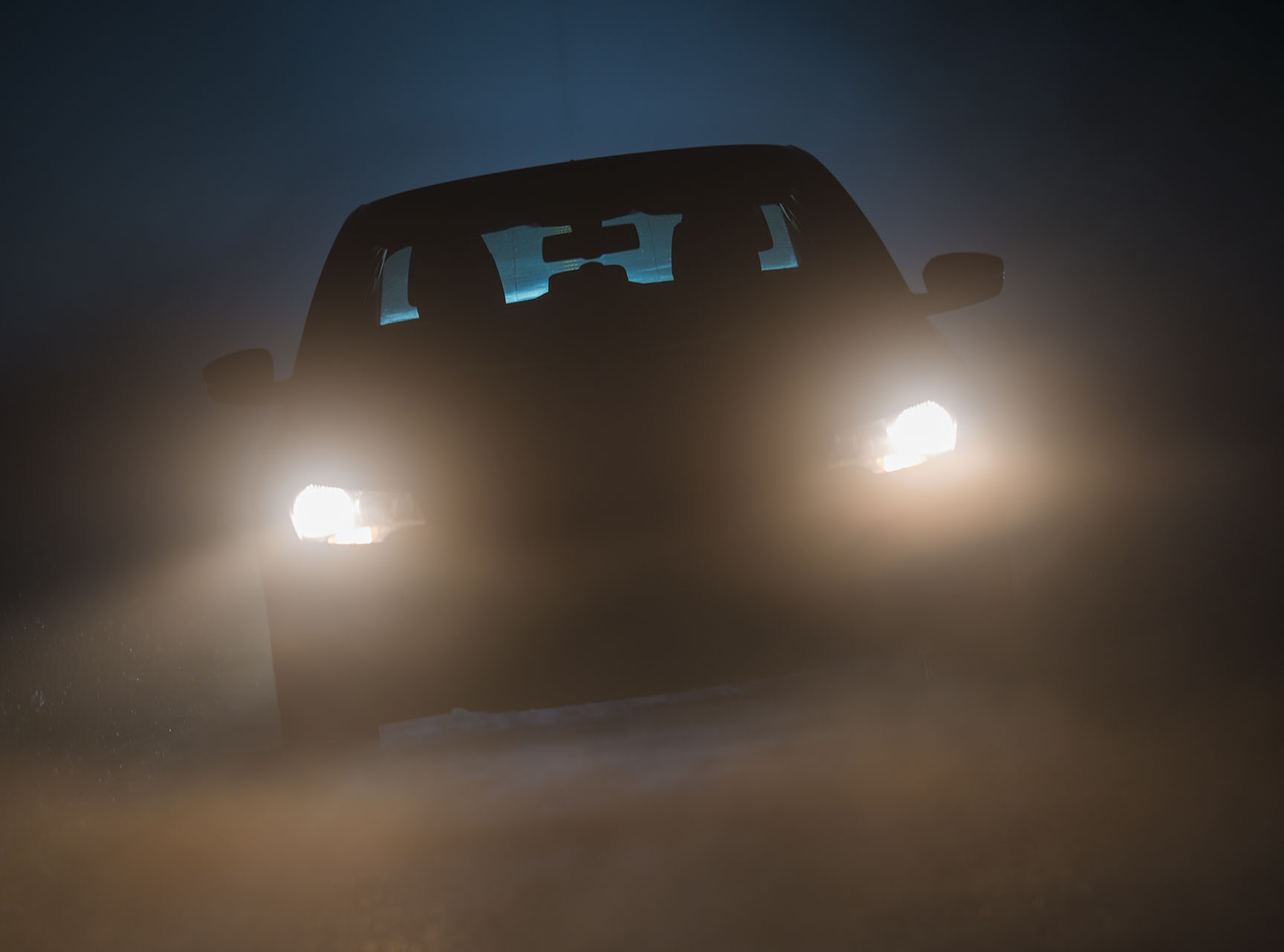 Fog on the Road. Extreme Driving Conditions.