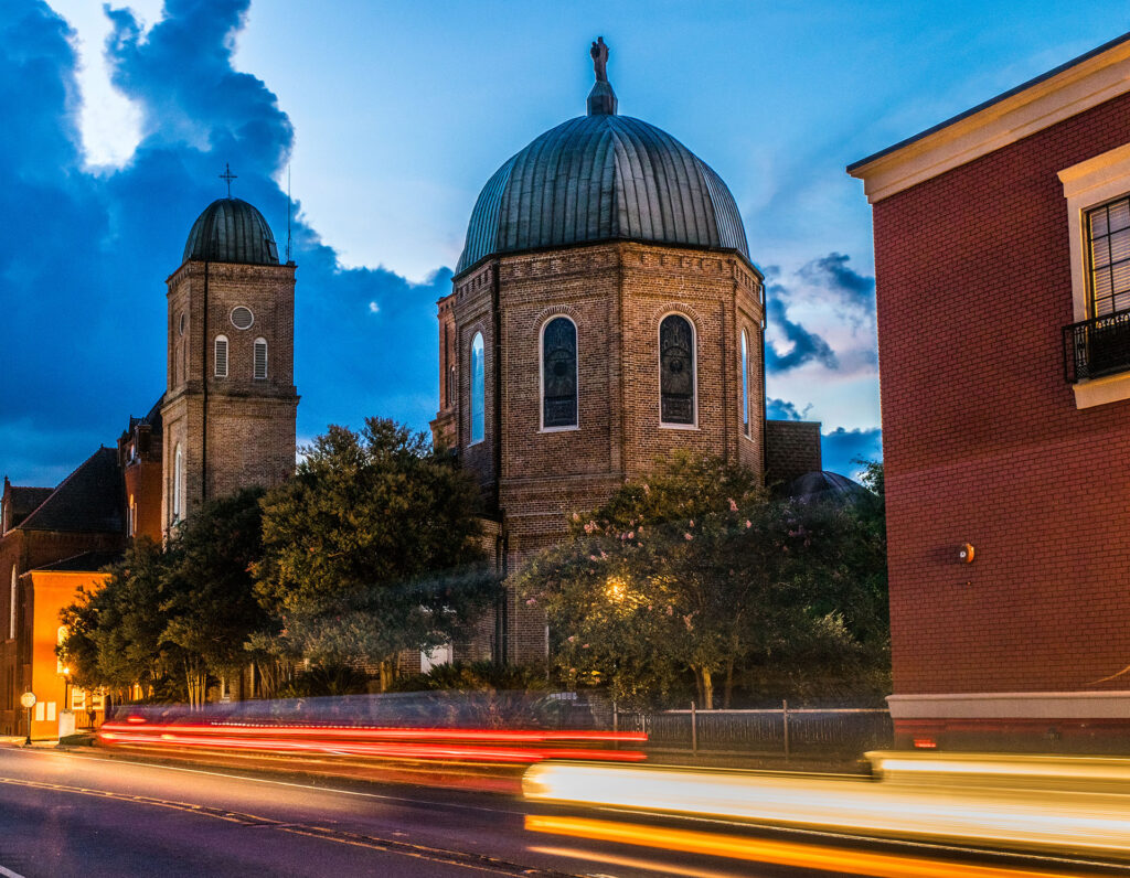 light trails at the Minor Basilica in Natchitoches Louisiana