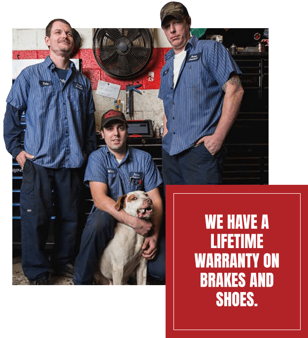 Three Car Mechanic with a dog, We have a lifetime warranty on brakes and shoes