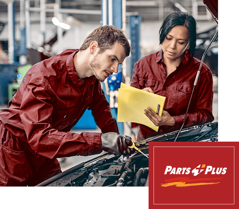 Two mechanic diagnosing the car, Part Plus Logo