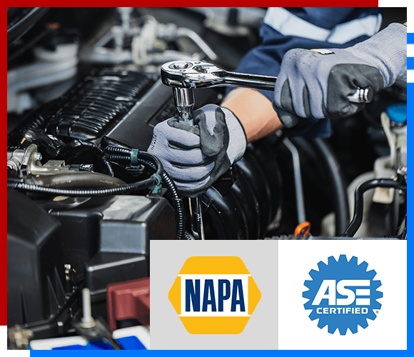 Mechanic using wrench to repair car engine, NAPA Logo, ASE Logo